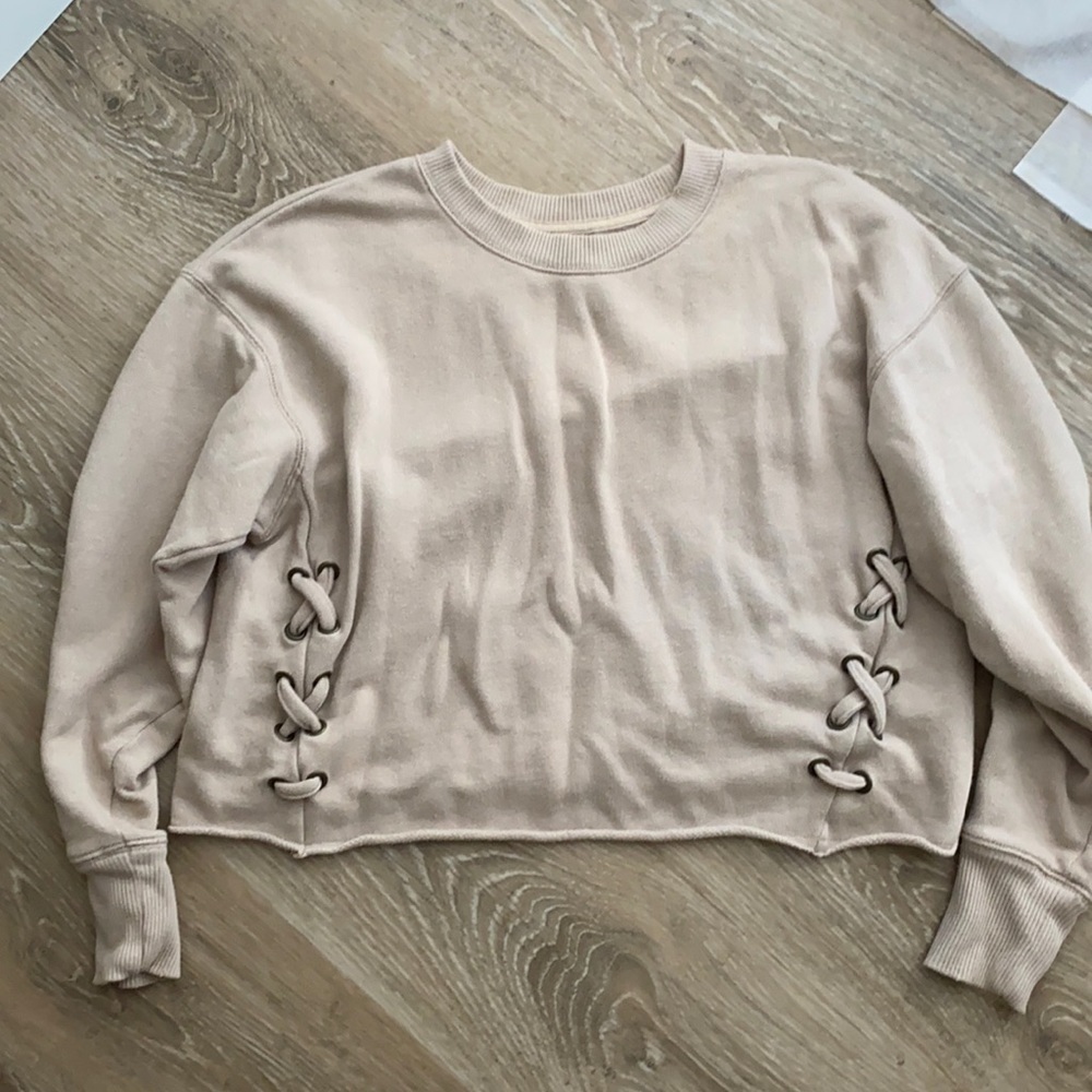 Aerie beige oversized cropped sweatshirt with braided detailing